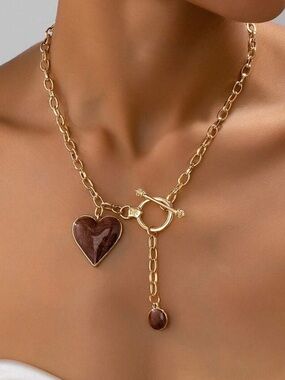 Brown Heart Pendant Necklace Gold Toggle Chain Y2K Trend